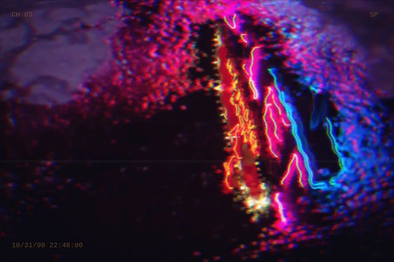 Neon reflected in a rain puddle on worn VHS tape — VHS