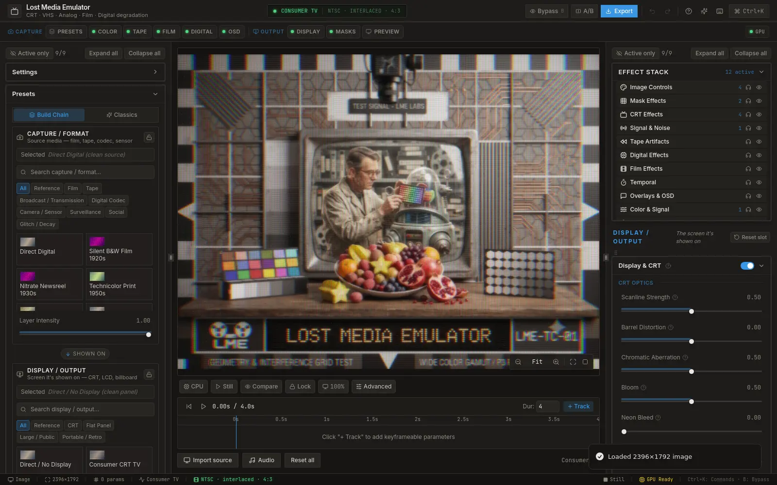 The Technicolor look applied inside the Lost Media Emulator app — Neutral
