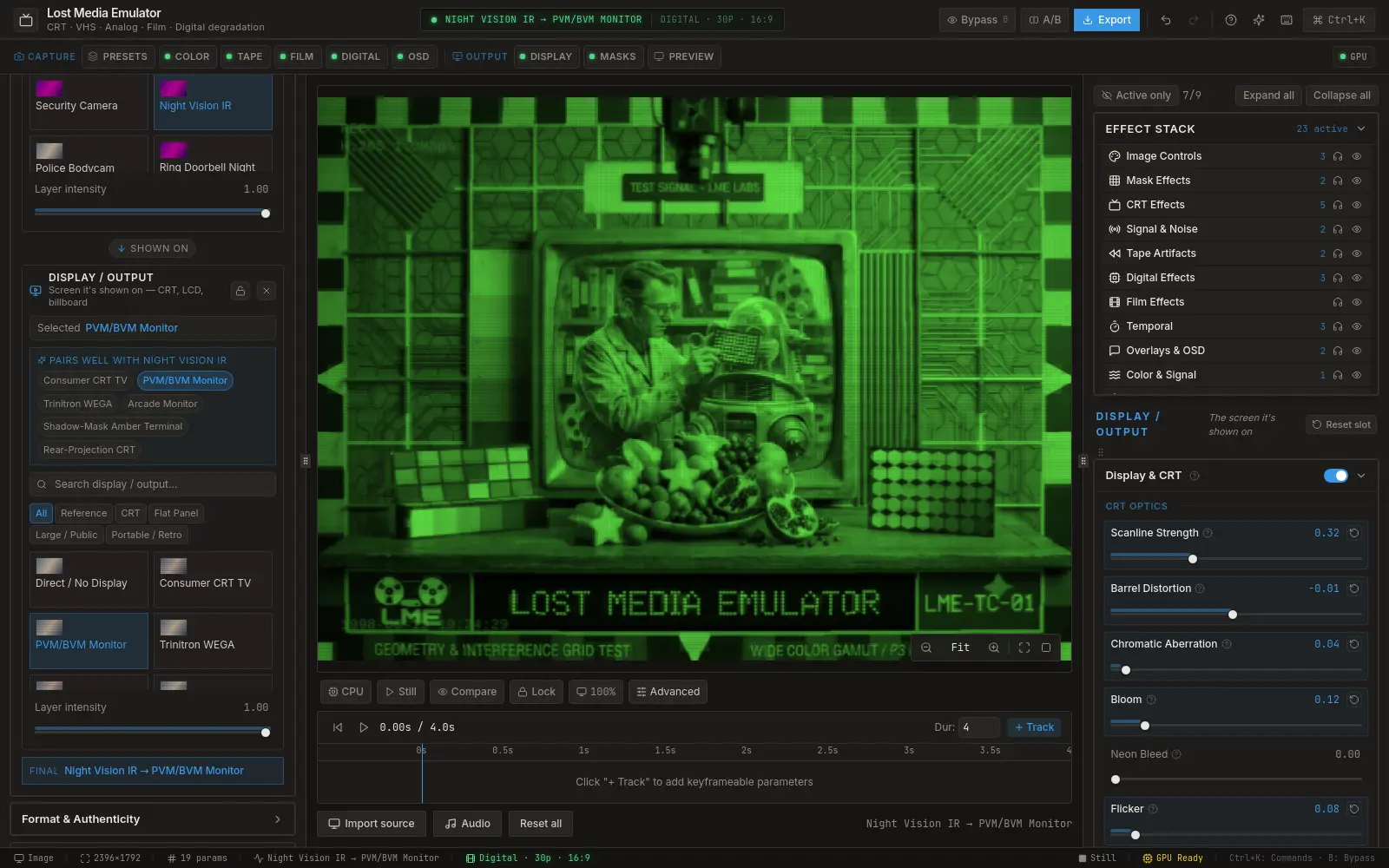 The Night Vision look applied inside the Lost Media Emulator app — Night Vision