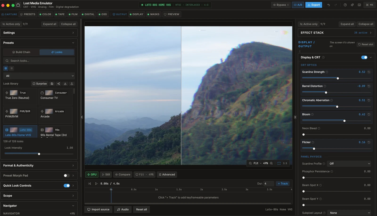 The Lost Media Emulator macOS app: the 128-look preset browser, a live A/B compare, and the full effect stack
