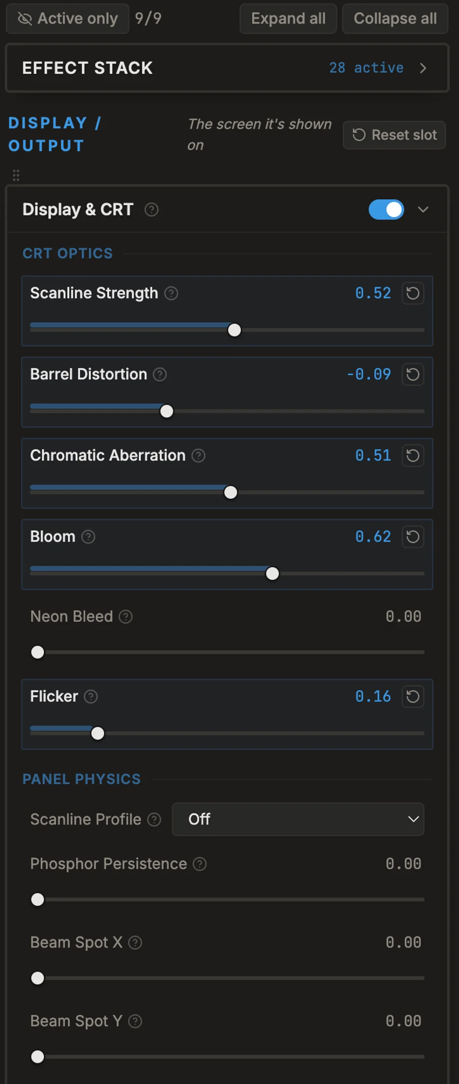 The Lost Media Emulator effect stack on macOS, with CRT, mask, tape and film control groups