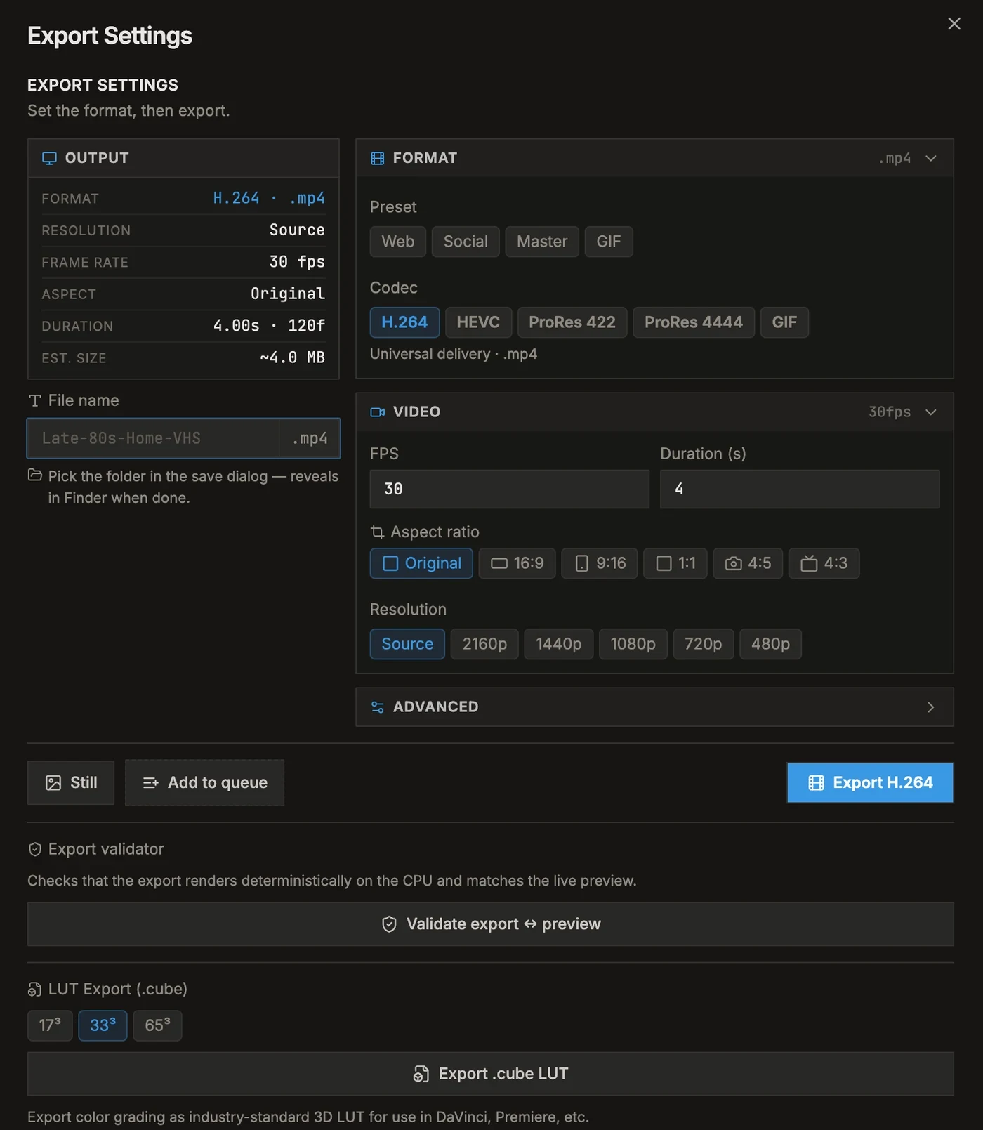 The Lost Media Emulator export dialog with ProRes, H.264, resolution and LUT options