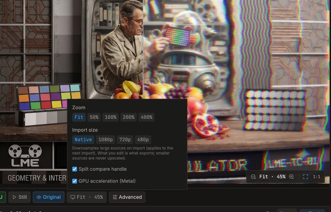 The Lost Media Emulator Advanced popover with the new Import size control set against a split A/B preview