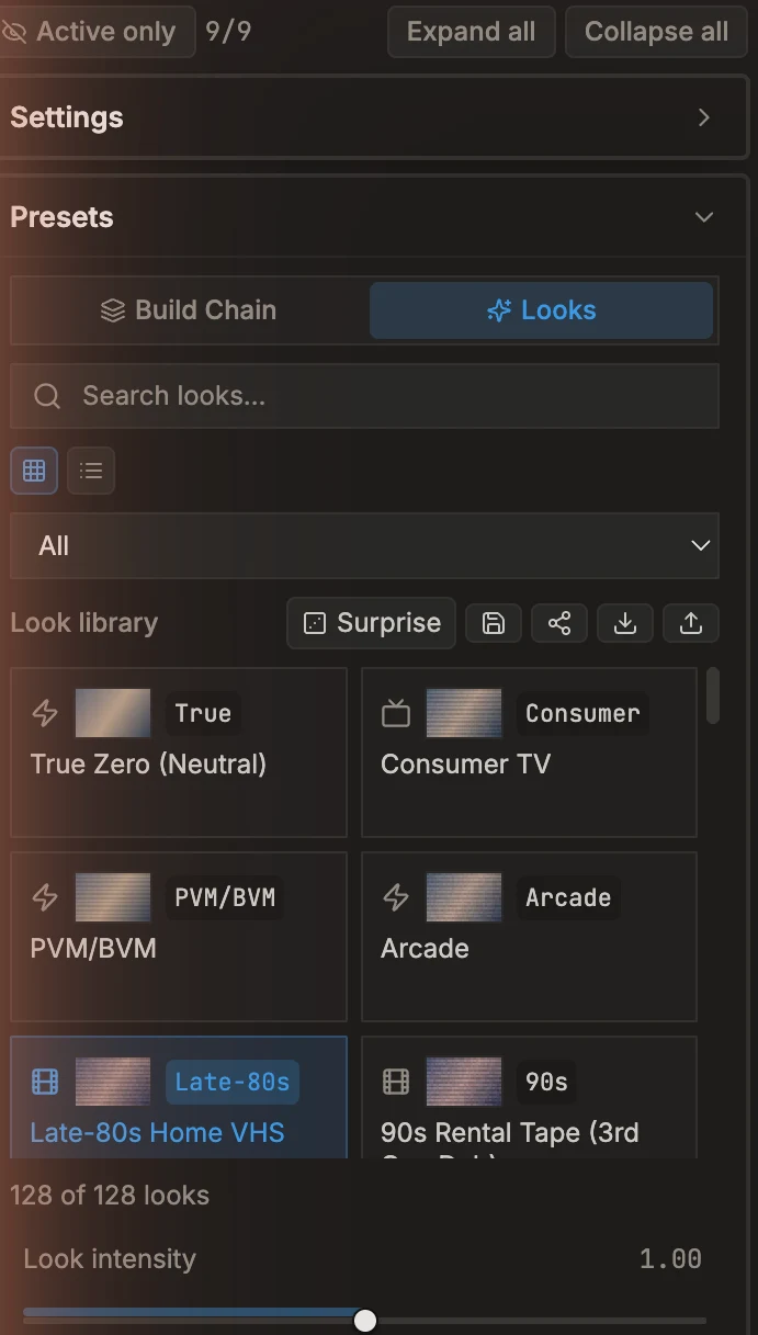 The Lost Media Emulator preset browser on macOS, showing the 128-look library
