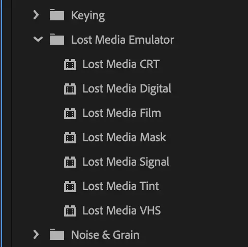 The seven Lost Media Emulator effects listed under Video Effects in Premiere Pro