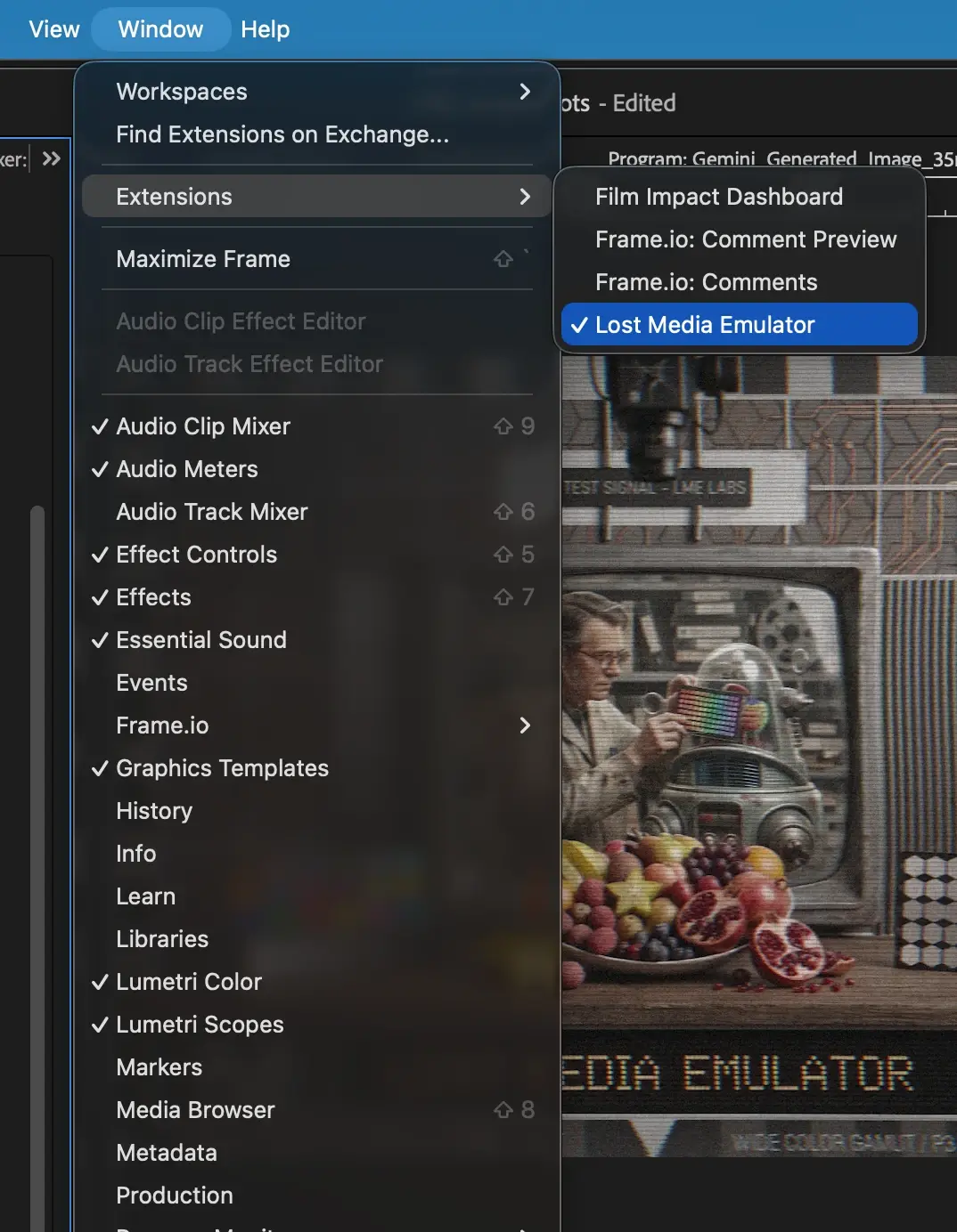 Opening the Lost Media Emulator panel from the Window ▸ Extensions menu in Premiere Pro