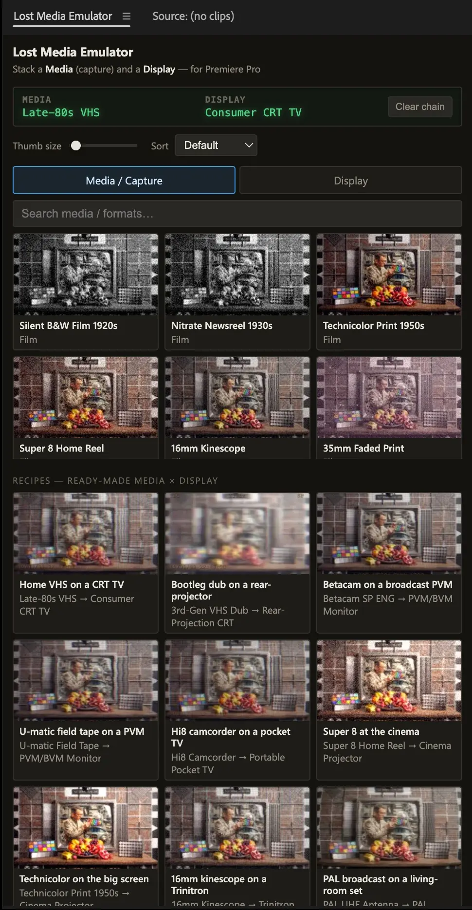 The Lost Media Emulator panel in Premiere Pro, showing the look library and capture-and-display recipes