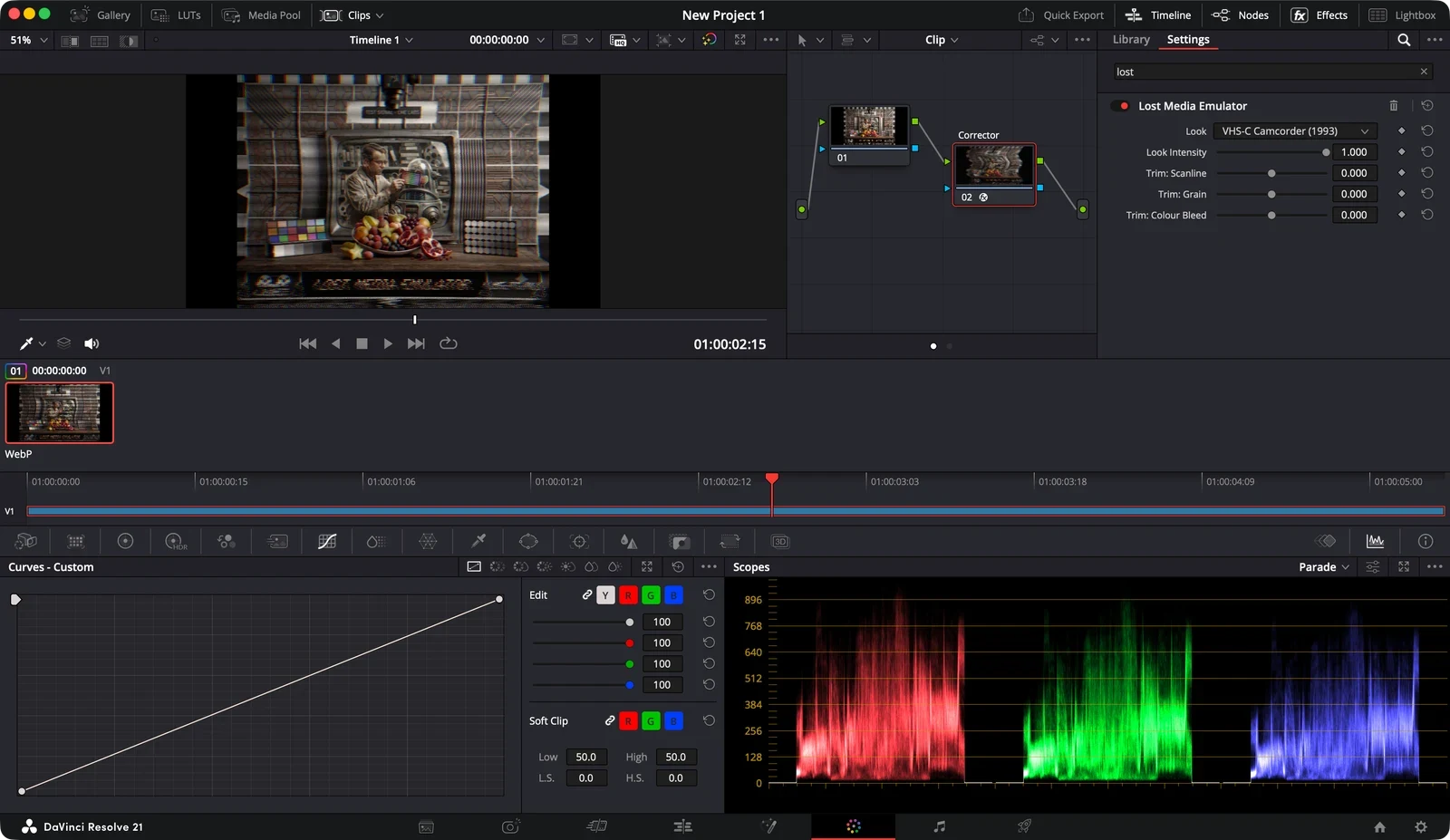 The Lost Media Emulator plugin grading a test card in DaVinci Resolve's Color page